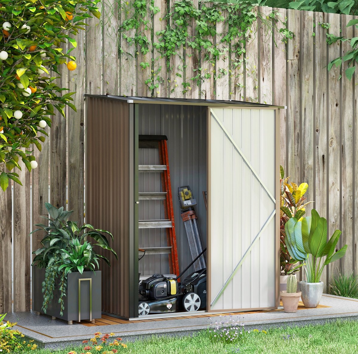 MEUNIQ metalen tuinschuur 161,5 x 94,5 x 196 cm met pultdak en afsluitbare deur, gereedschapsschuur van verzinkt staal voor tuin of terras, bruin