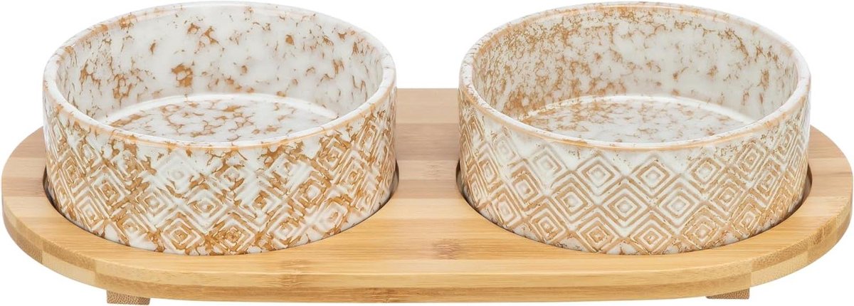 Voerbak Set - Hondenbak Waterbak - Huisdier Voeden - Antislip Voetjes Bamboe - 2x800 ml - Wit Naturel