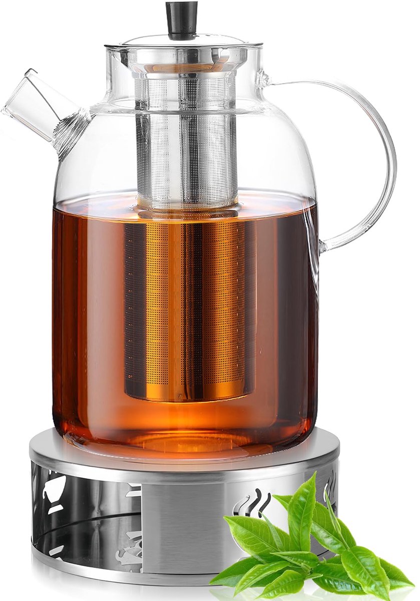 Theepot, glazen theepot met verwarmer, 1,8 l, glazen theepot met zeef, thee-ei met zeef en verwarmer, houdt warm voor lange tijd, roestvrij staal, voor