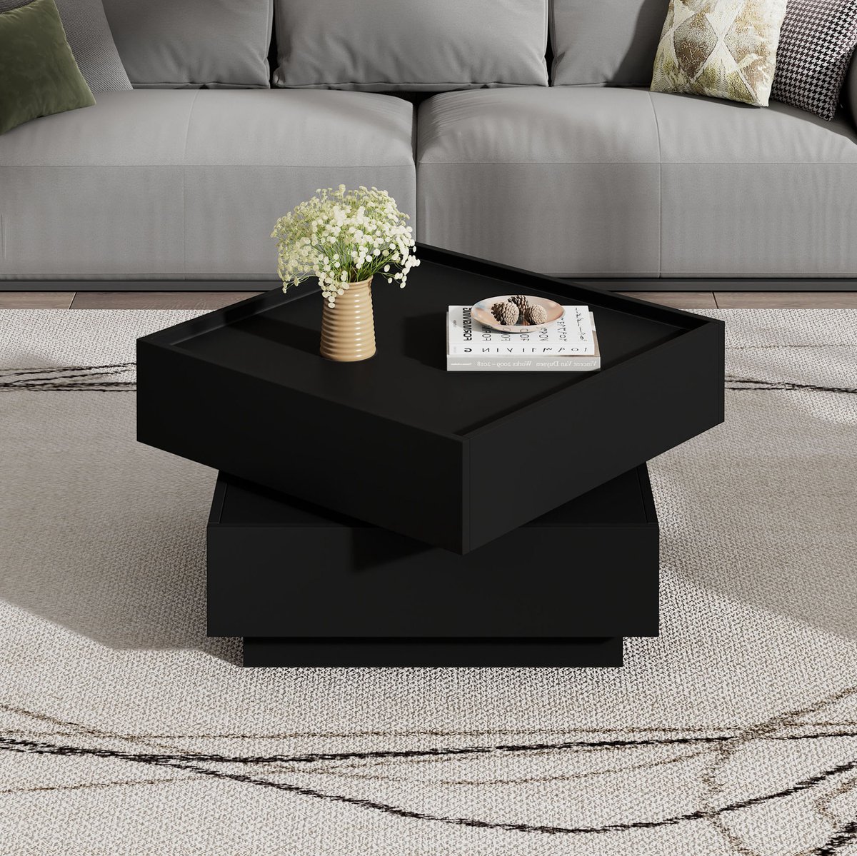 MIVRAY Salontafel - 360 Graden Draaibaar Met 2 Lades En Opbergruimte - Voor Woonkamer En Kantoor - Spaanplaat Zwart - 60x60x38 Cm