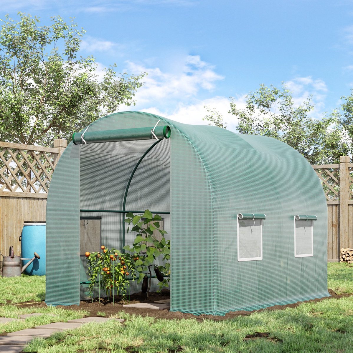 MEUNIQ Foliekas Tunnelkas 245 x 200 x 198 cm met ramen en oprolbare deur, polyetheenfolie en stalen frame, voor tomaten en planten in de tuin, groen