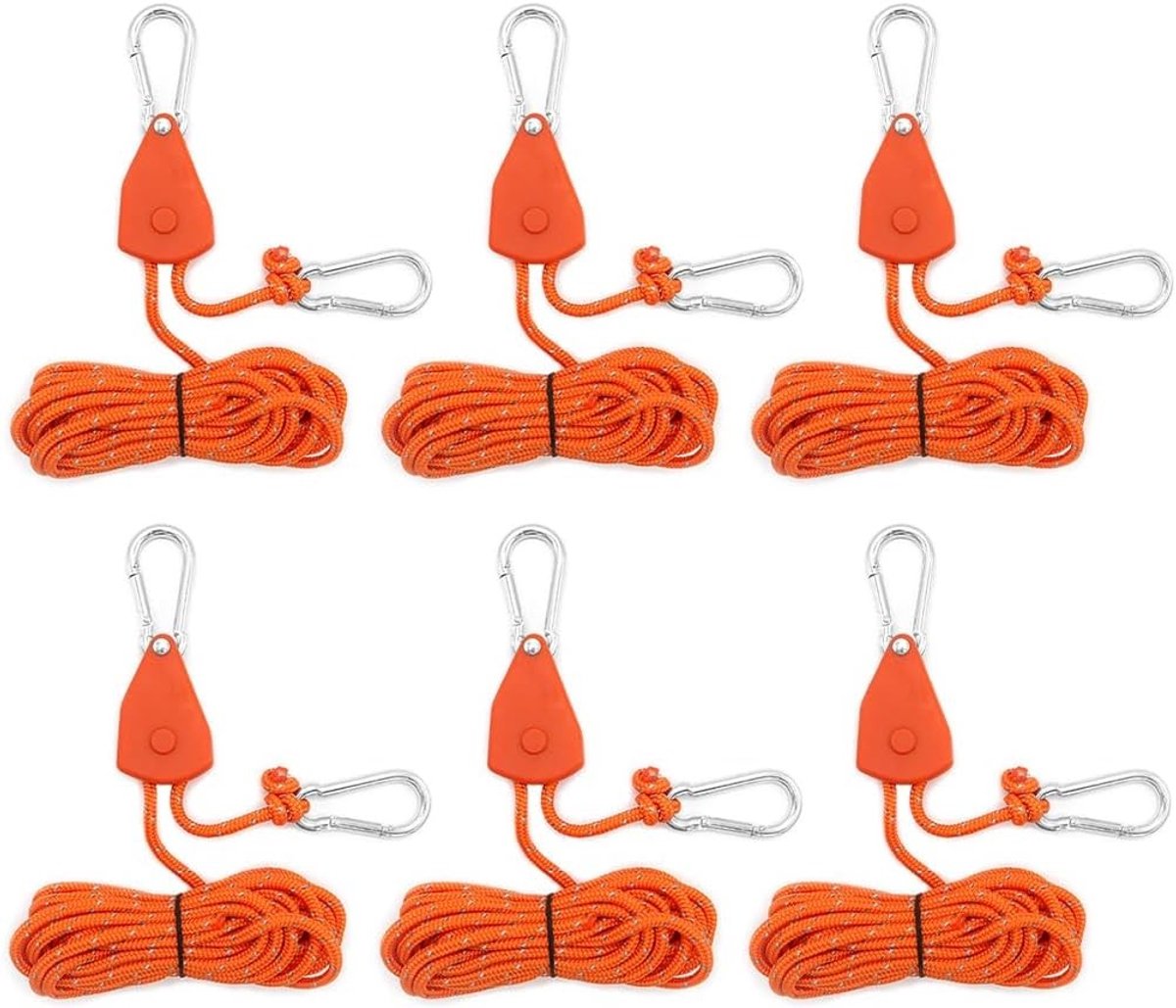 Set van 6 Verstelbare Ratchet Touwen van 4 Meter - Ideaal voor Plantenlampen, Kamperen en Outdoor Activiteiten