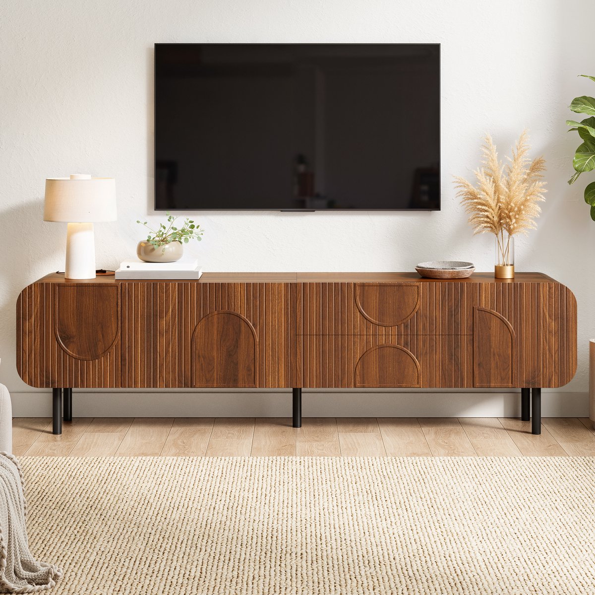 MIVRAY Dressoir - TV Kast Met 3 Deuren 2 Lades En Kabeldoorvoer - Retro Ontwerp Voor Woonkamer - MDF En Spaanplaat - Walnoot - 180x40x47 5 Cm