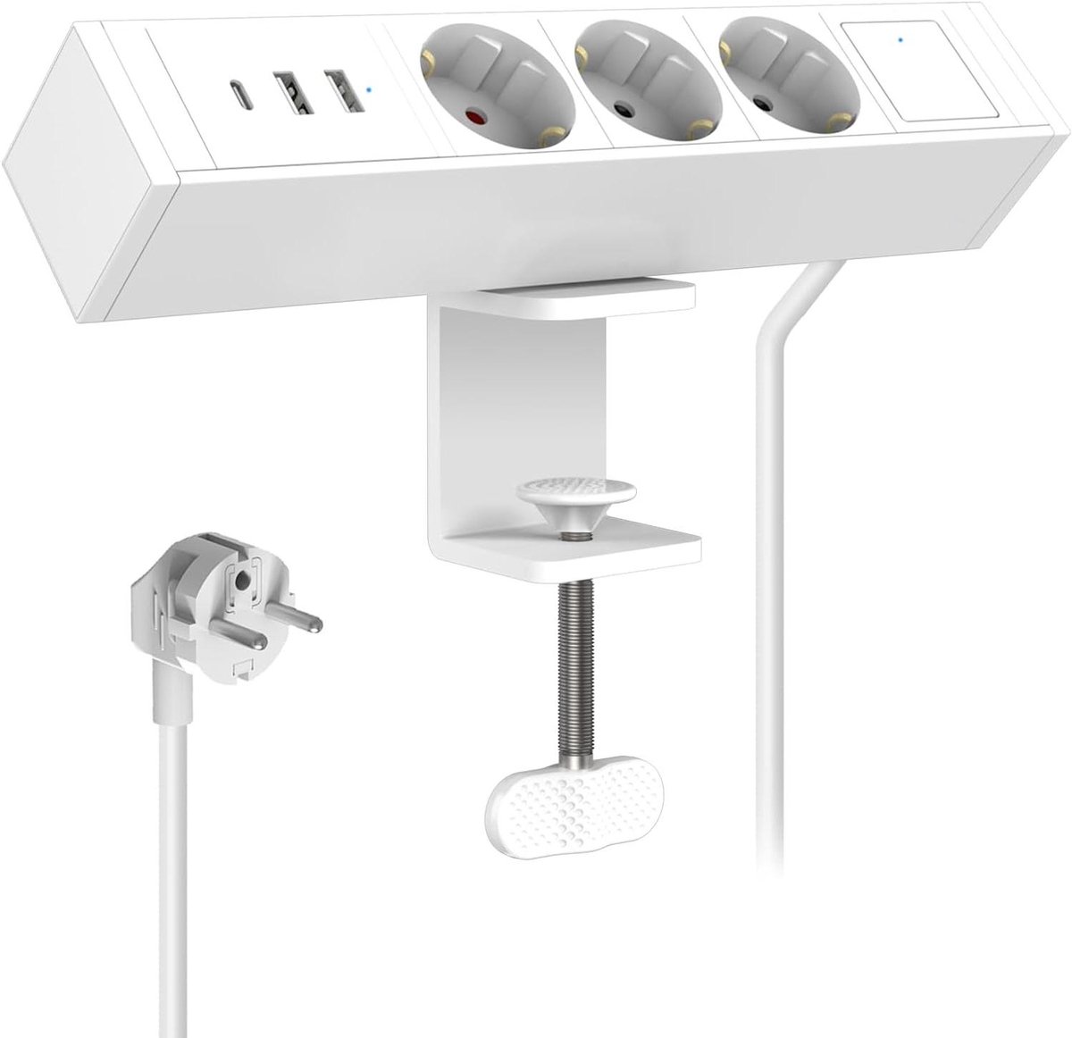 Bureaustrip met Klem - Stopcontact Verdeel - Bureau Organiseren - 6-in-1 met USB C - 1.8m Kabel - Wit