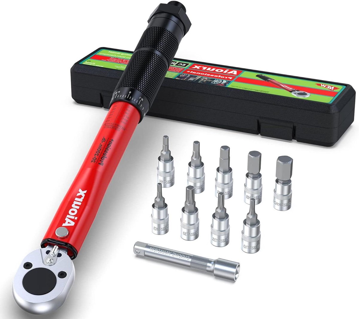 Momentsleutel Set - Koppel Sleutel - Precisie Werk - Omkeerbare Ratelkop - 1/4 Inch Drive - Rood