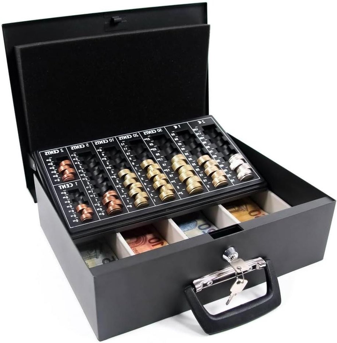 Geldcassette - Bewaarbox - Financiën Beheren - Met Muntindeling - 35.5 cm - Zwart