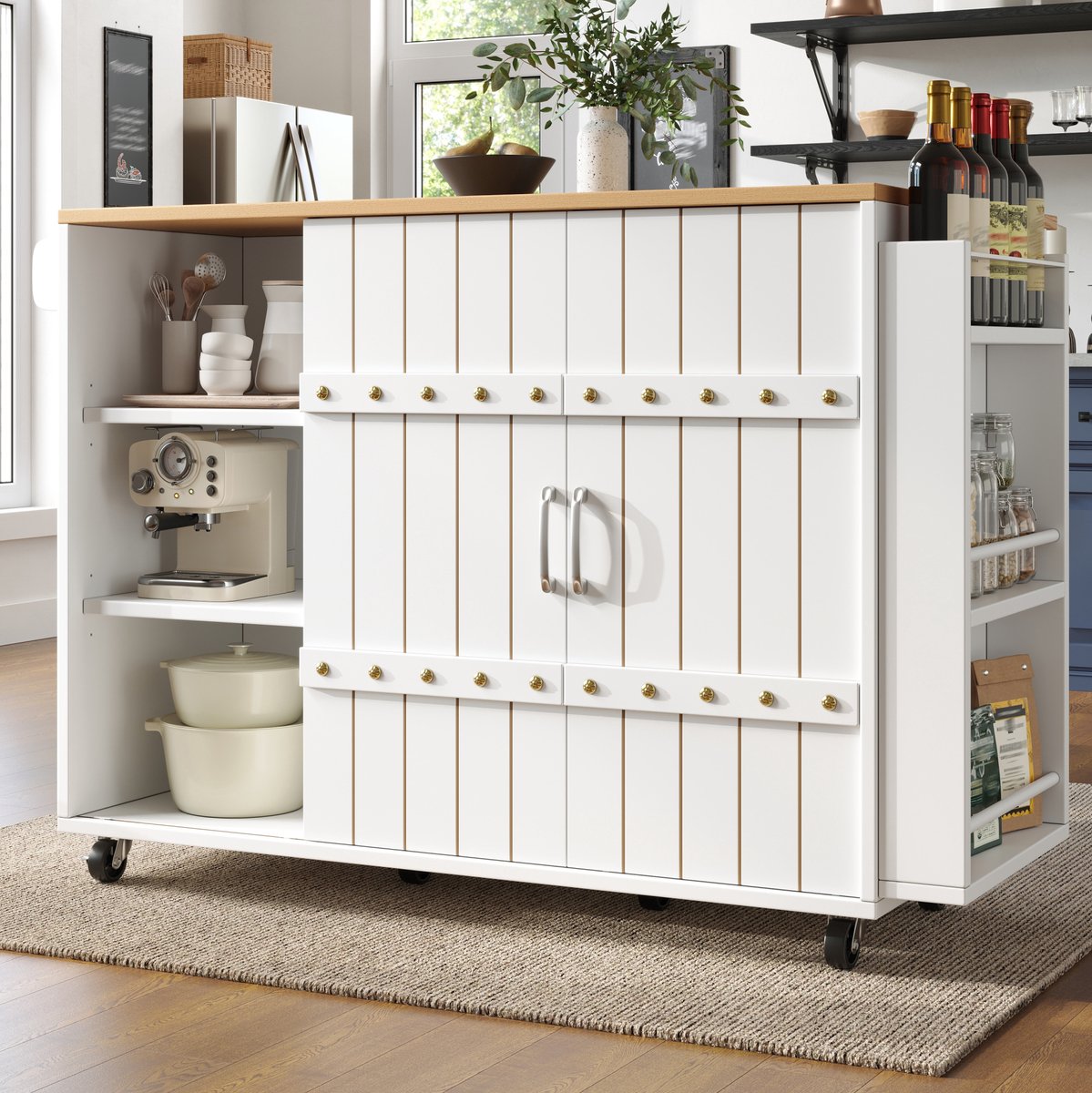 DESMIU Keukenkast - Keukenwagen Met Uitklapbaar Werkblad En Schuifdeuren - Met Wieltjes Voor Keuken En Eethoek - MDF - 110x42x90 Cm - Wit