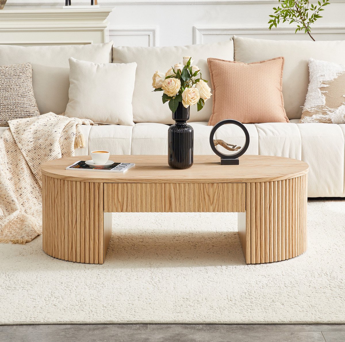 MIVRAY Salontafel - Ovale Koffietafel Met Lade En Geribbelde Zijkanten - Voor Woonkamer Bij Bank - MDF In Eikenlook - 105x54x38 Cm