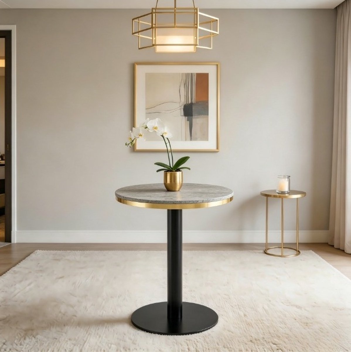 MIVRAY Bijzettafel - Ronde Tafel Met Marmerlook En Gouden Rand - Modern Voor Woonkamer Slaapkamer Of Balkon - MDF En Metaal - 60x74 Cm - Grijs