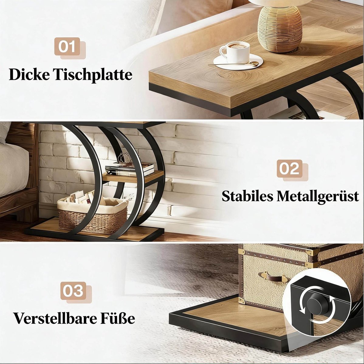 MIVRAY Bijzettafel - C Vorm Met 3 Opbergplanken - Ruimtebesparend Voor Bank En Bed - Metaal En Hout - 60x30x58,5 Cm - Zwart Bruin