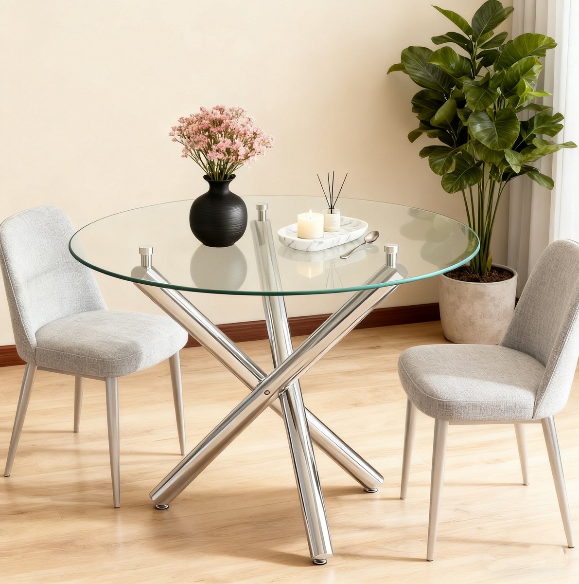 MIVRAY Ronde Eettafel Van Gehard Glas Met Metalen Kruispoot Voor Moderne Eetkamer En Woonkamer Zilverkleurig 80 Cm