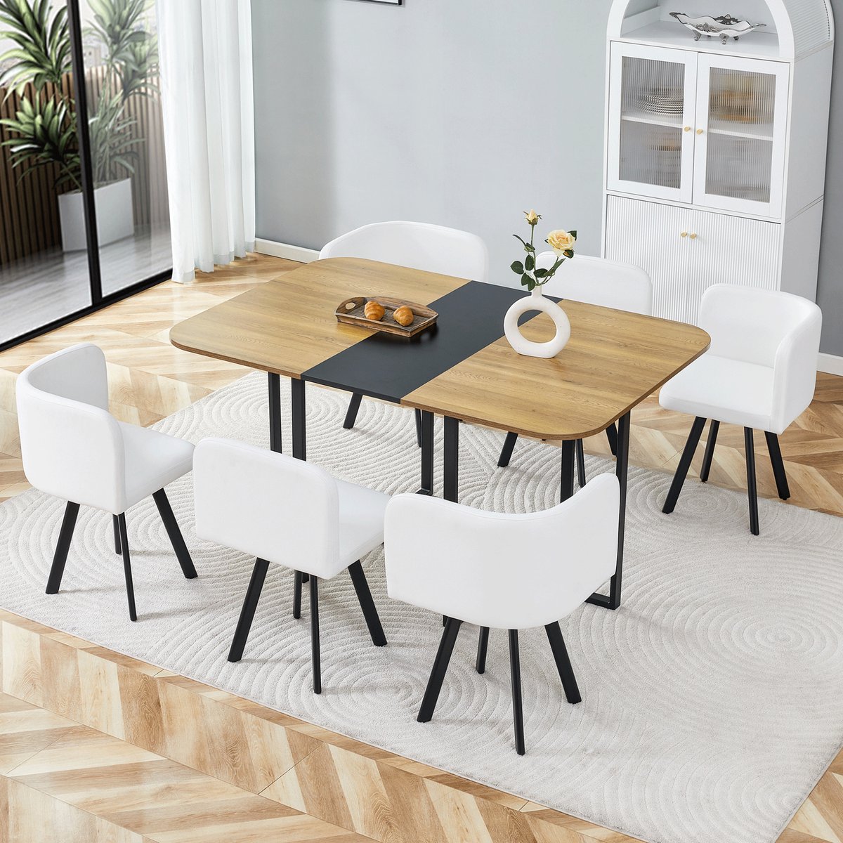 MIVRAY Eettafelset - Uitschuifbare Eettafel Met 6 Stoelen - Voor Keuken En Eetkamer - Houtlook Met Zwart Metaal - 150x100x79 Cm