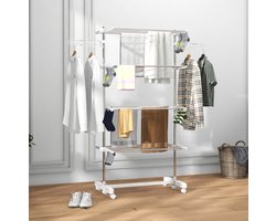 MEUNIQ Droogtoren 142 x 55 x 172 cm met 4 niveaus, inklapbaar, met 6 wielen en rem, verstelbare zijvleugels, wit, voor binnen en buiten
