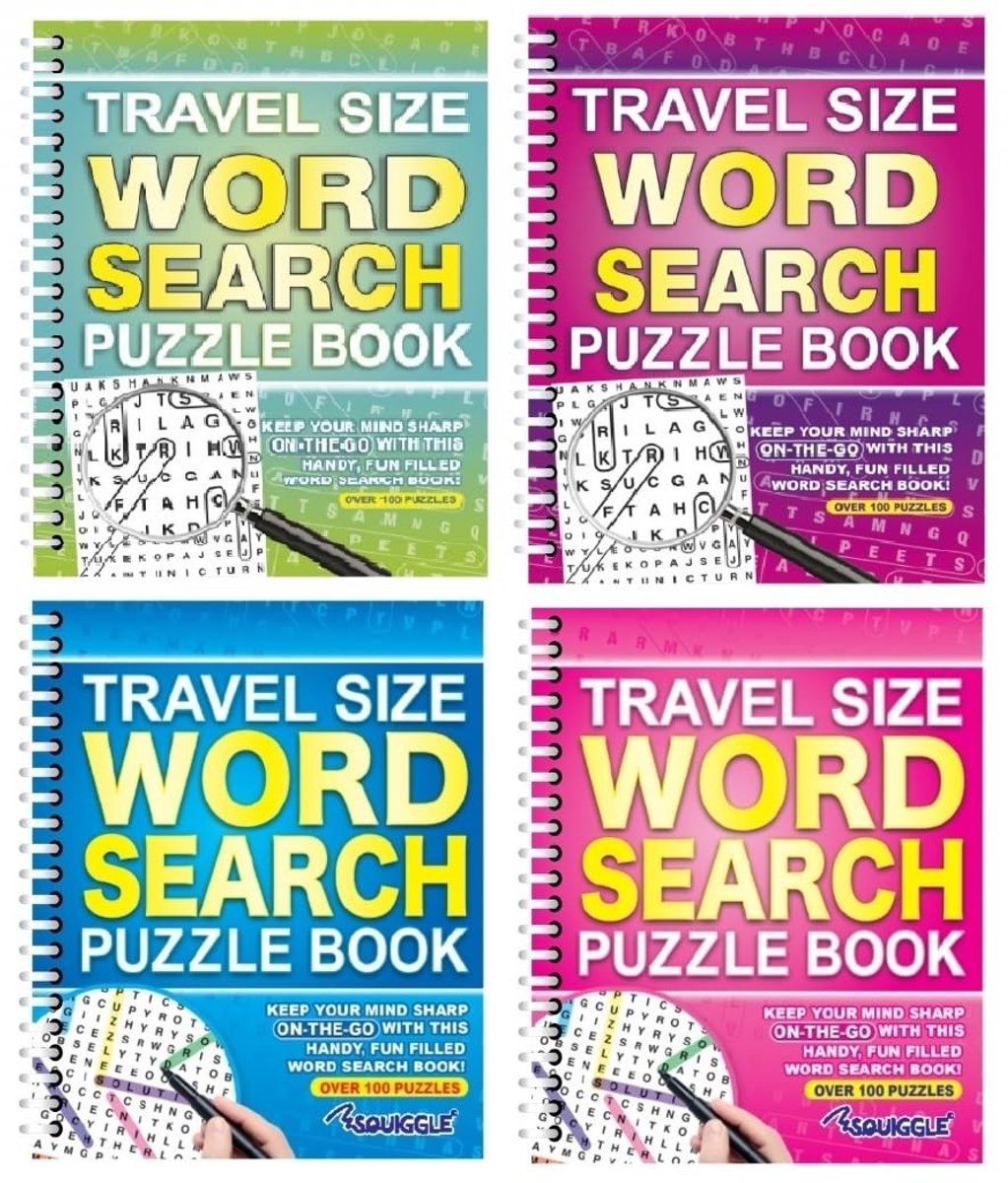 Dailygoods- Woordzoekboek Pack van 4 - Spiraal gebonden - 108-110 puzzels - Reisformaat - Hoogwaardig papier - Duurzame covers - Puzzelboek