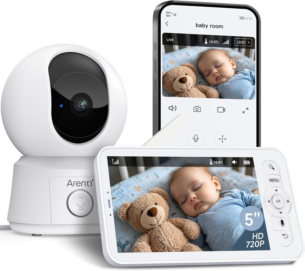 Thijox - Babyfoon met Camera en App 5 inch Scherm, 1080P Videobabyfoon, Temperatuursensor, Nachtzicht, 2-Weg Audio, VoX-Modus, Slaapliedjes, Slimme Be