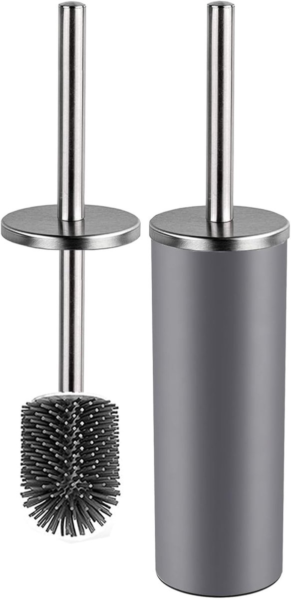 Siliconen Toiletborstel met Rvs Handvat en Sneldrogende Houder voor Badkameraccessoires (Grijs)