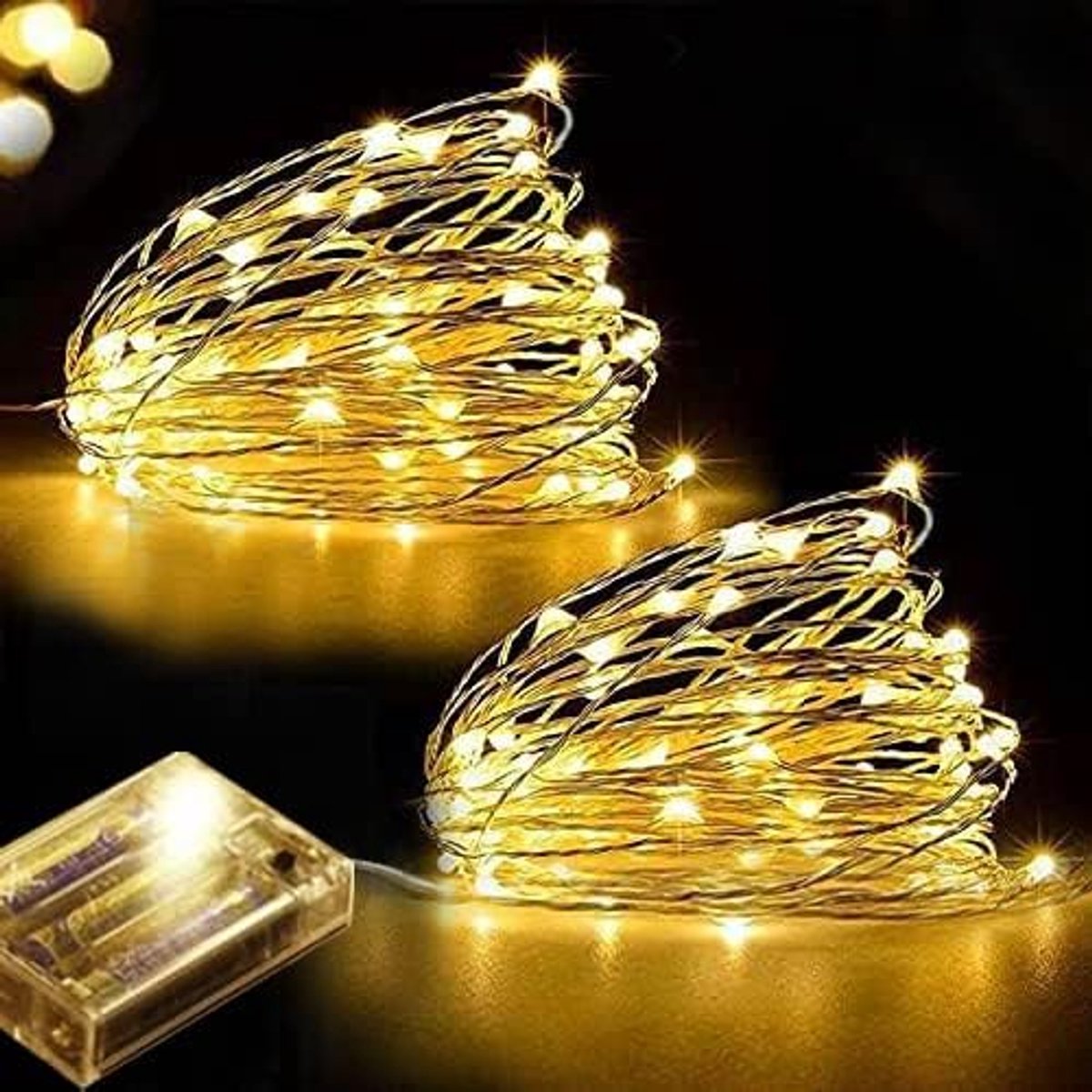 Thijox - Set van 2 LED Sfeerverlichting 5 Meter - Flexibele Koperdraad met 50 Warme Witte LEDs - Batterij Gevoed voor Kerst, Feestjes, Huisdecoratie e