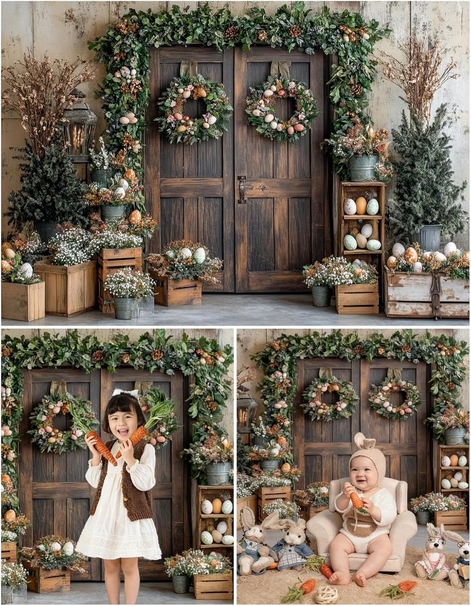Thijox - 2.7x1.8m Pasen Fotografie Achtergronddoek, Rustieke Houten Deur met Eieren & Groen, Perfect voor Kindershoot en Studio, Polyester, Kreukvrij,