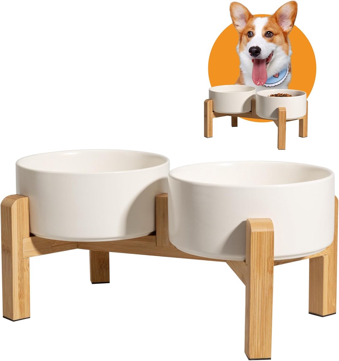 Thijox - Verhoogde hondenbakken set van 2, dubbele keramische kommen met antislip bamboehouder, 2 x 850 ml voor voer en water, ideaal voor kleine en m