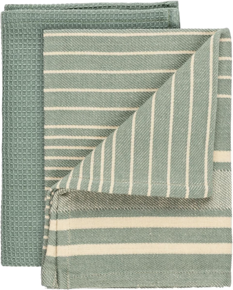 Thijox - Theedoek Set van 2 - Katoenen Keukendoeken met Wafelstructuur en Strepen - Groen - 45x65 cm - Stijlvol Keukentextiel voor Koken en Afwassen