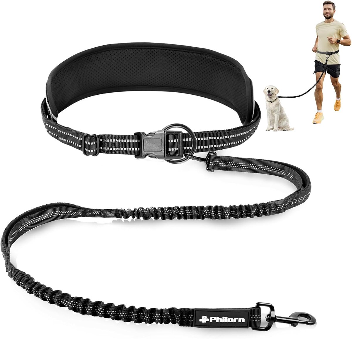 SnelShoppen - Handsfree Hondenriem met Heupband voor Grote en Middelgrote Honden - Duurzaam Bungee, Dubbel Gevoerde Handgrepen - Zwart - Perfect voor