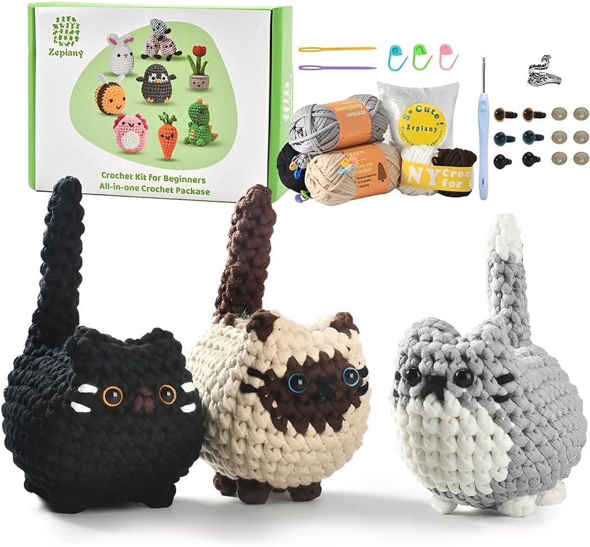 Complete Haakset voor Beginners met Dierlijke Amigurumi, Inclusief Haaknaalden en Drie Schattige Kattenpatronen