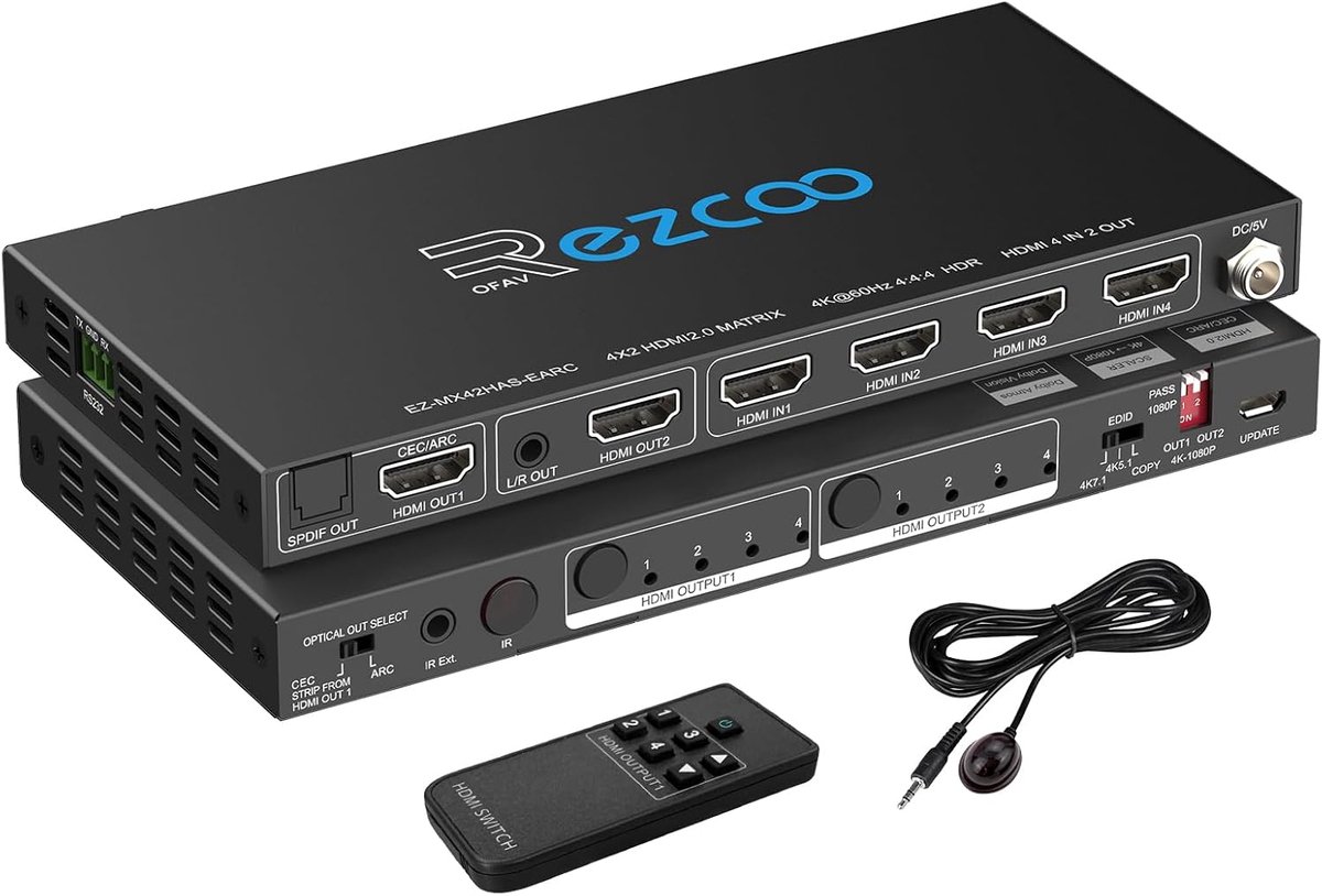 HDMI matrix 4 inputs 2 outputs - 4K 60Hz - HDR Dolby Vision - Schakel vier bronnen naar twee schermen - ShopVlot