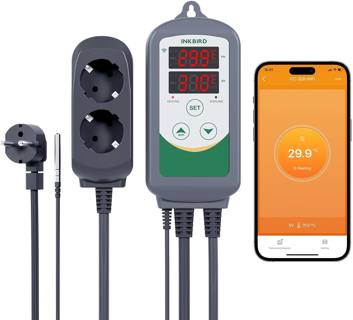 SnelShoppen - Wifi Temperatuurregelaar ITC-308 met Verwarming en Koeling | Digitale Thermostaat met App Bediening voor Thuisbrouwen, Terrarium, Fokken