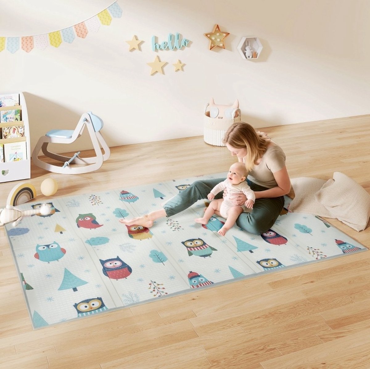 MEUNIQ baby speelmat 195 x 146,5 cm dubbelzijdig boxkleed met 1,5 cm schuimvulling, antislip en opvouwbaar met opbergtas, meerkleurig