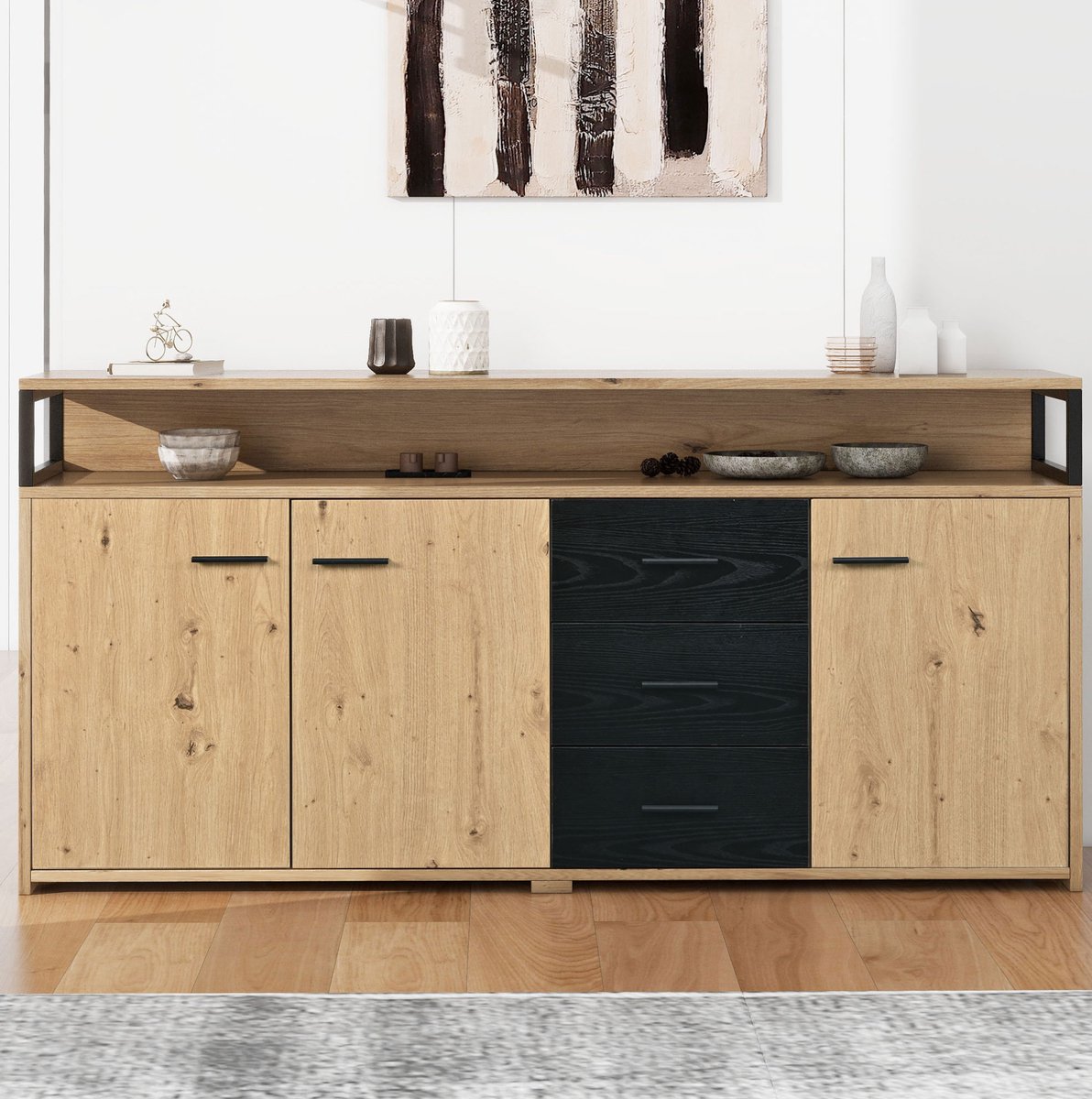 HAUSS SPOLE Dressoir - Industrieel Met 3 Deuren En 3 Lades - Voor Woonkamer Keuken Of Kantoor - Spaanplaat - 150x35x75,9 Cm - Zwart Bruin