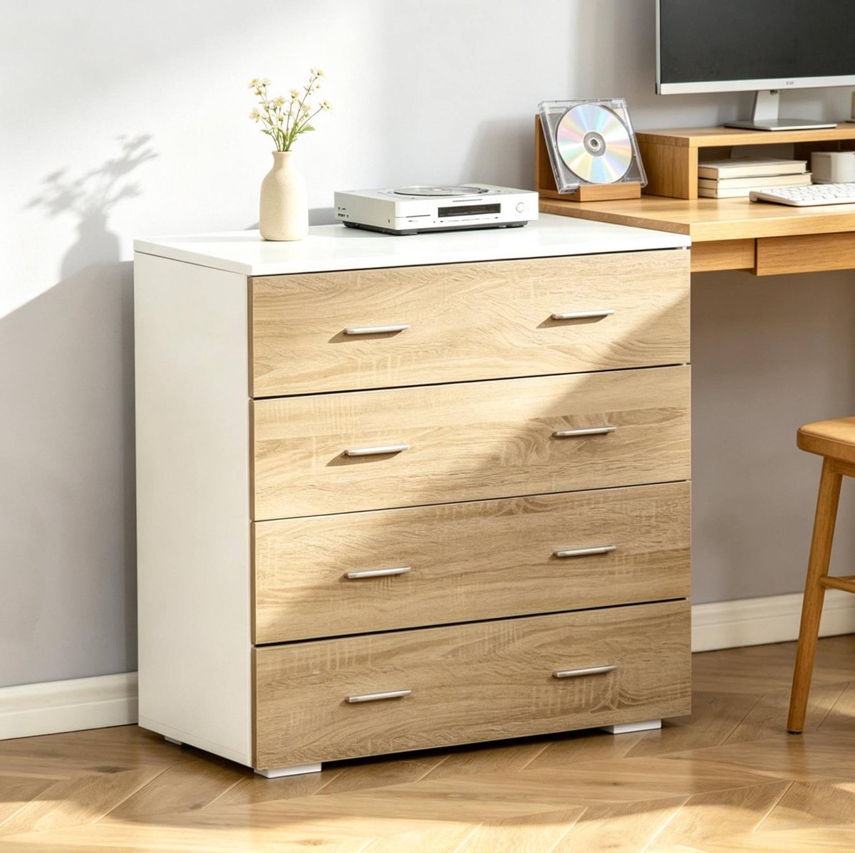 MIVRAY Dressoir - Commode Met 4 Laden Voor Slaapkamer En Woonkamer - Wit En Licht Hout - Spaanplaat Met Metalen Grepen - 76x35x72 Cm