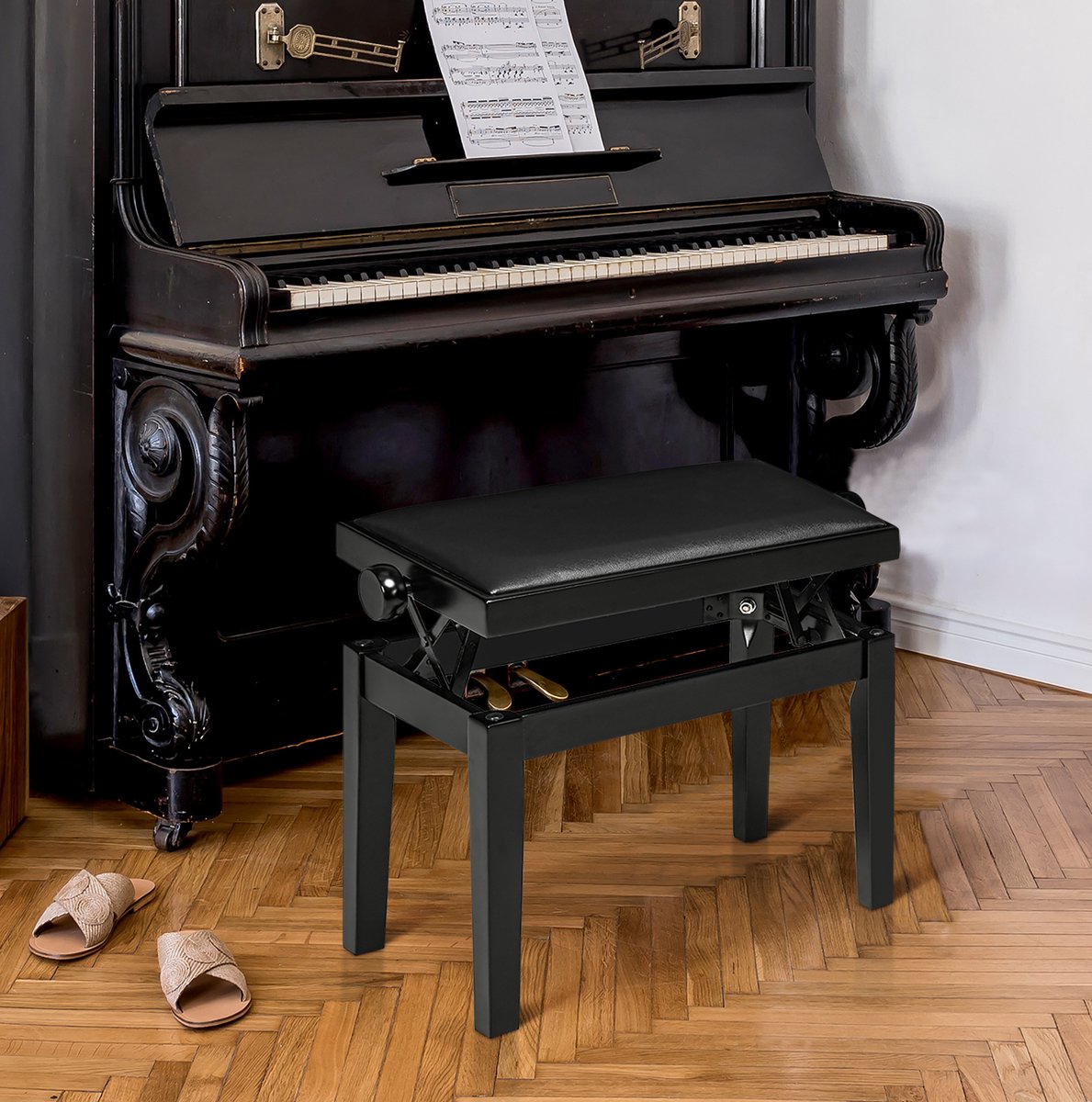 STILVORA Pianokruk 63 x 33 x 45-56 cm - Hoogteverstelbaar Met Opbergruimte - Voor Piano En Studio - Hout En Kunstleer - Zwart