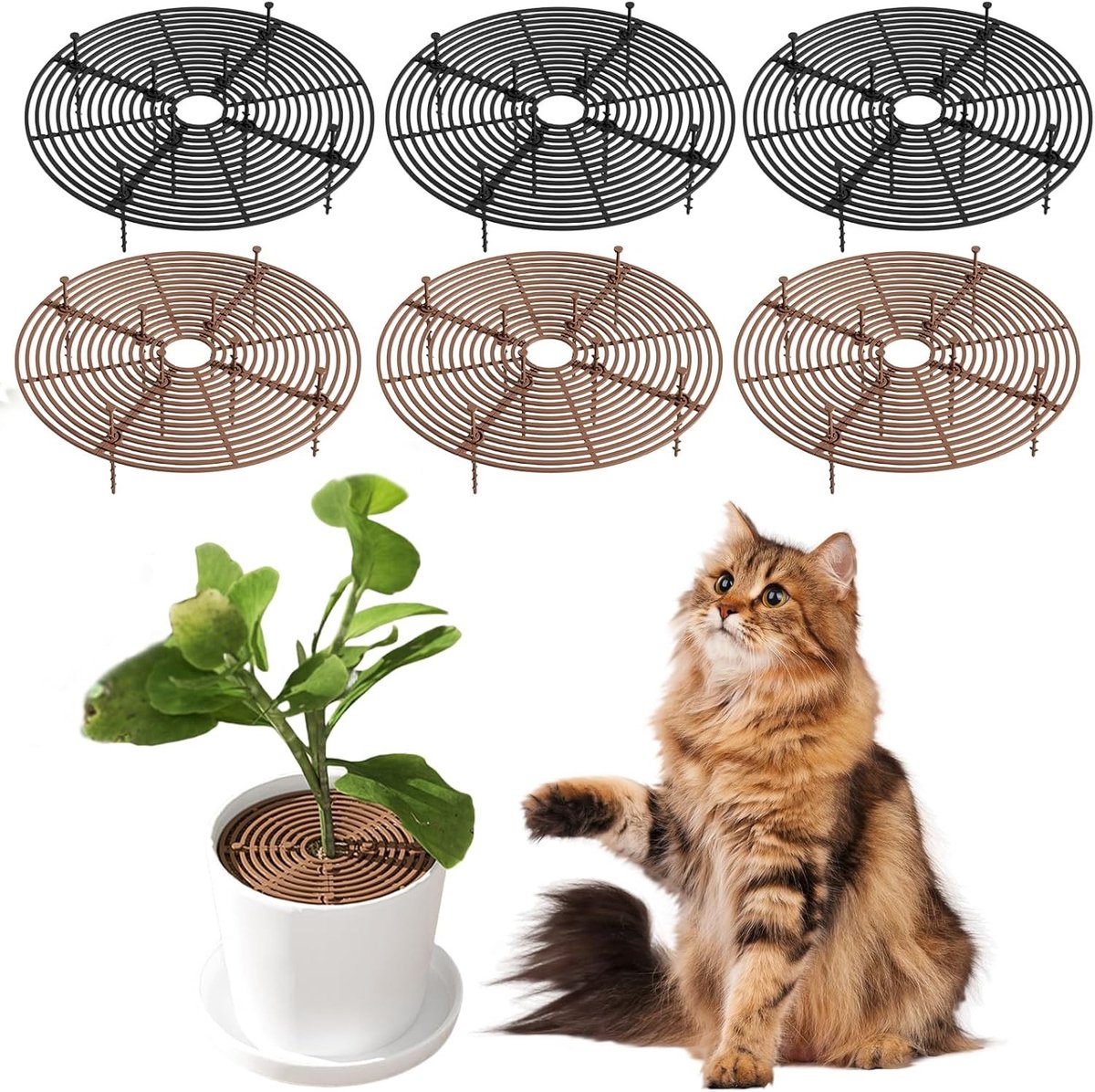 Set van 6 ronde plantenbeschermingsnetten van 30 cm voor bloempotten, veilig voor katten en kinderen, ideaal als potbescherming en potstandaard