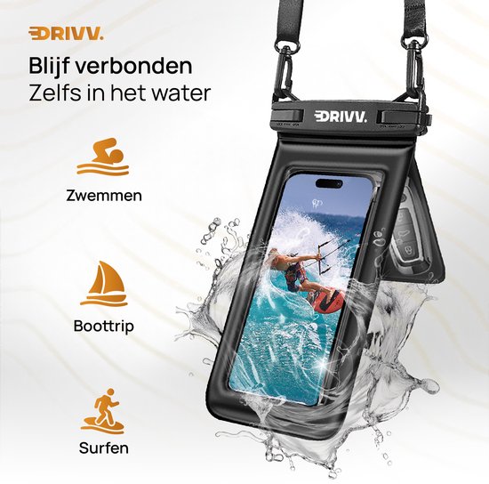 Zwarte waterdichte telefoonhoes met band, toont activiteiten als zwemmen, boottocht en surfen.