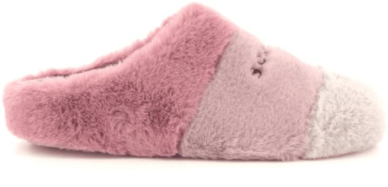 Roze pantoffel met drie gekleurde banden: donkerroze, lichtroze en wit, met het opschrift "scapa".