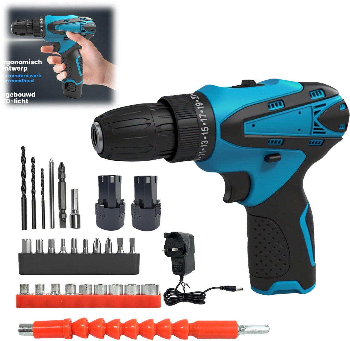 18V Accu‑boormachine met koperen motor, complete set: 2 stuks 3,0Ah accu’s, EU‑oplader, boren‑ en bit‑set voor doe‑het‑zelver klussen thuis