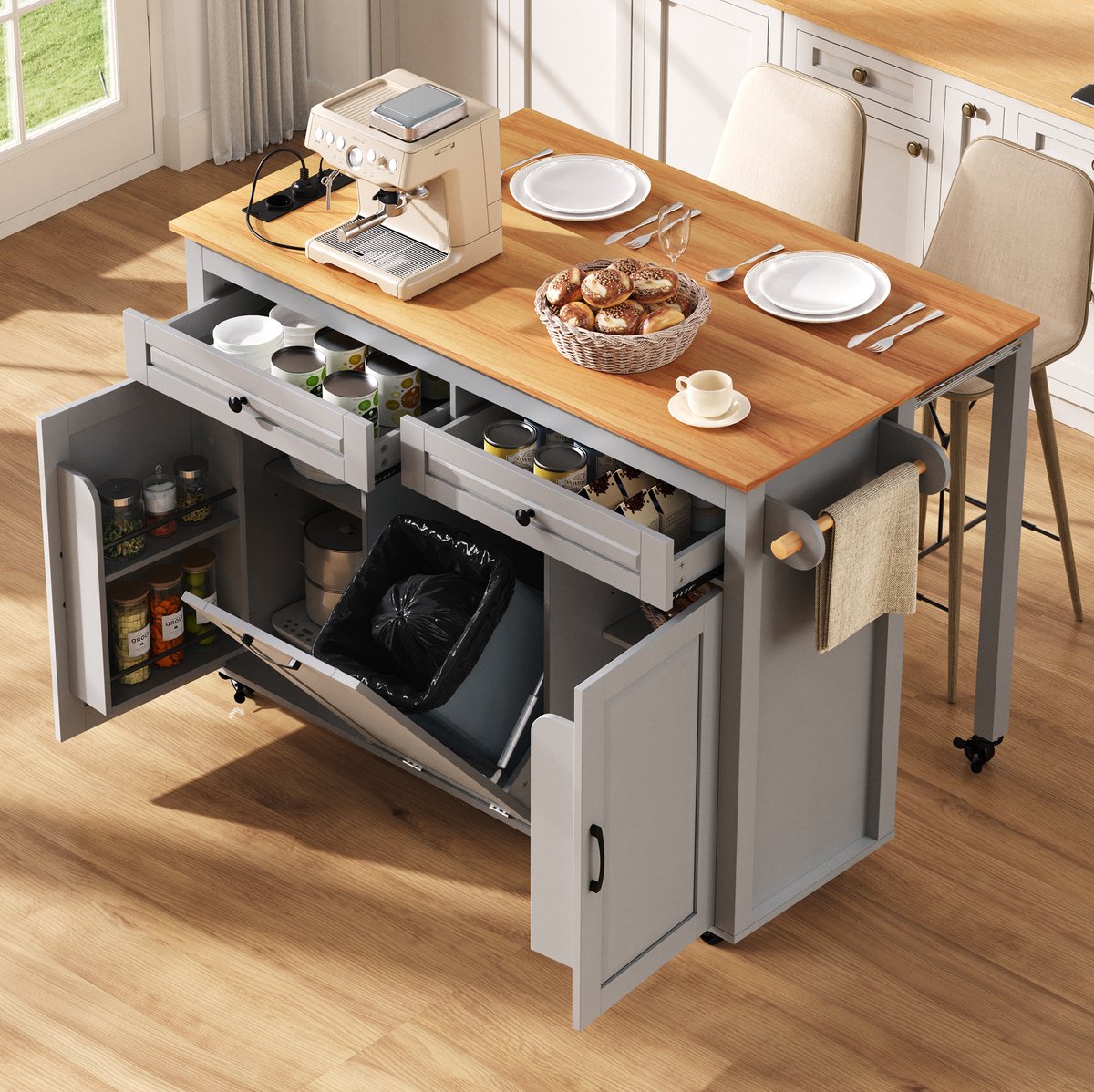 DESMIU Keukenkast - Mobiel Keukeneiland Met Uitschuifbaar Werkblad En Stopcontacten - Voor Keuken En Eethoek - MDF - 120x40-75x92 Cm - Grijs
