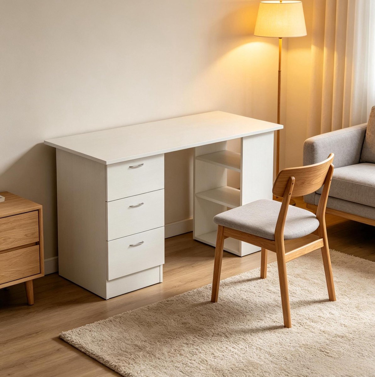 MIVRAY Bureau - Functioneel Computerbureau Met 3 Lades En Open Vakken - Voor Woonkamer En Slaapkamer - Wit MDF - 120 x 49 x 72 Cm