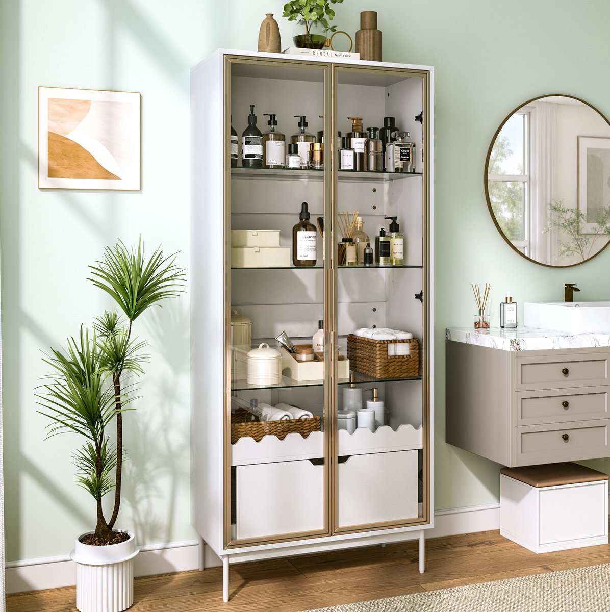 MIVRAY Hoge Kast - Glazen Deuren, Verstelbare Glazen Planken En Lade - Voor Woonkamer, Hal En Slaapkamer - MDF - Wit Goud - 75x35x170,8 Cm