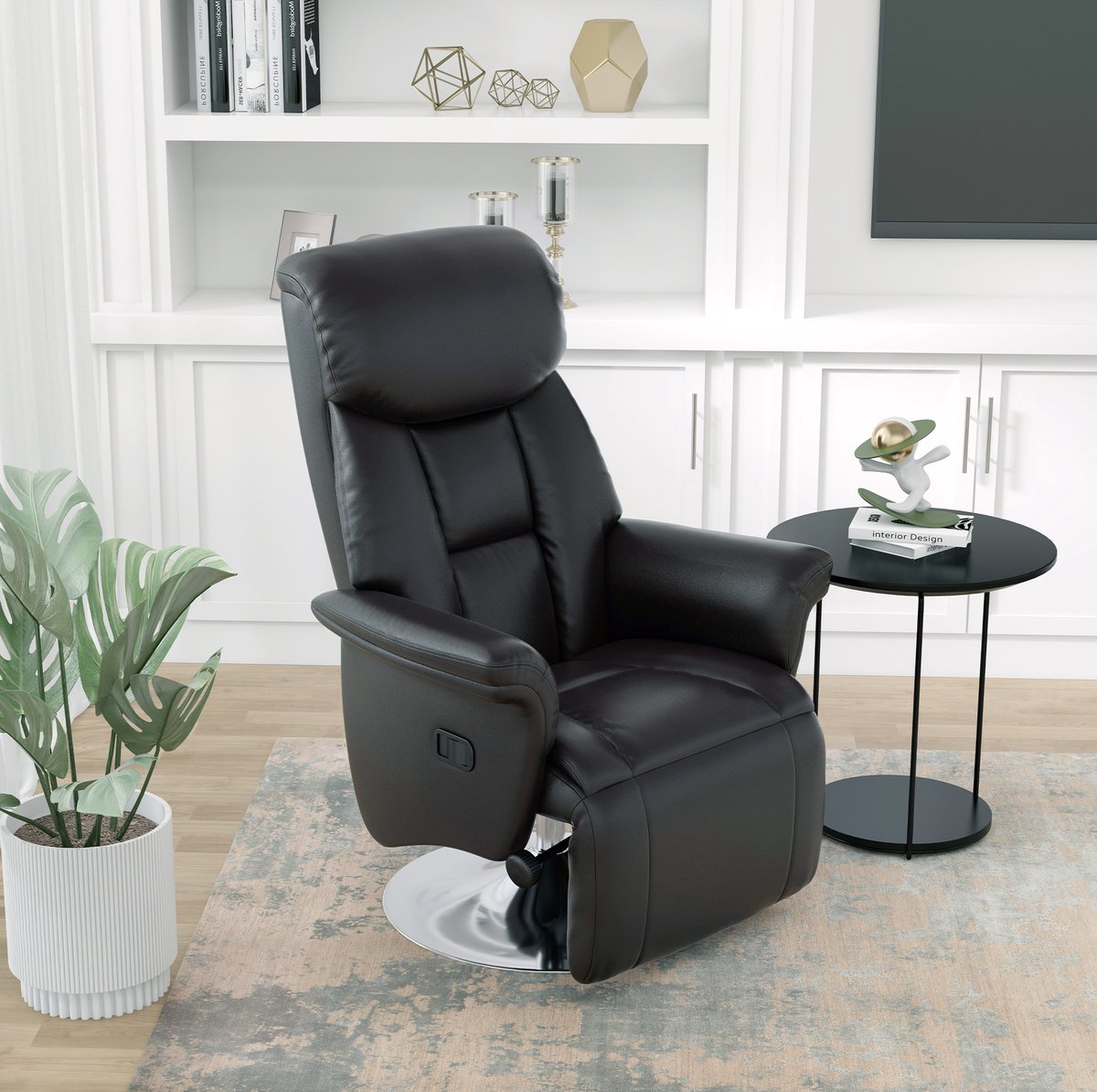 MEUNIQ relaxfauteuil handmatig verstelbaar 78 x 80 x 109 cm met 130° rugleuning, 360° draaibaar, uitschuifbare voetensteun, kunstleer, zwart, woonkamer