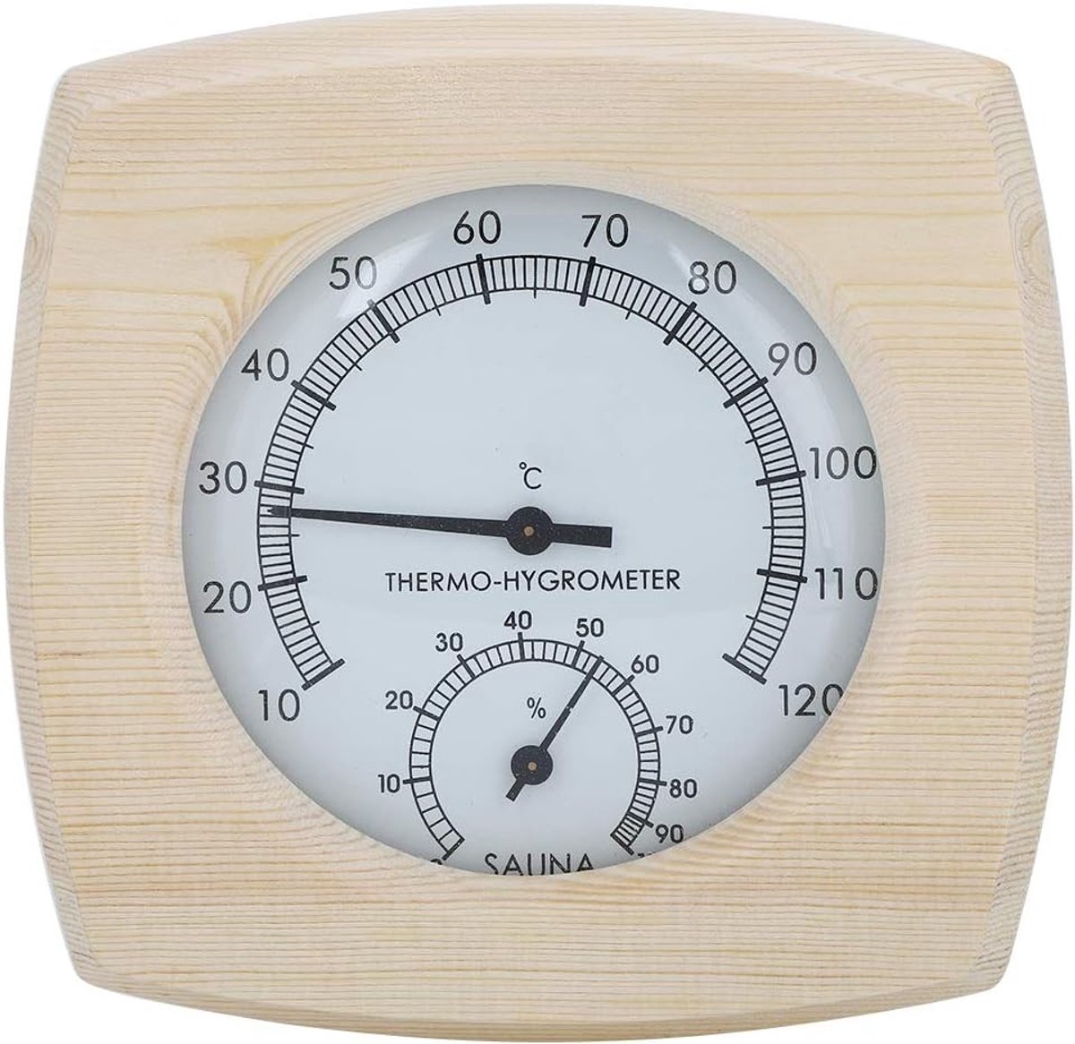 Decoratieve Thermo-Hygrometer voor Sauna en Badkamer, Hout, 13.5x13x2.5cm, Temperatuur- en Vochtigheidsmeter Accessoire