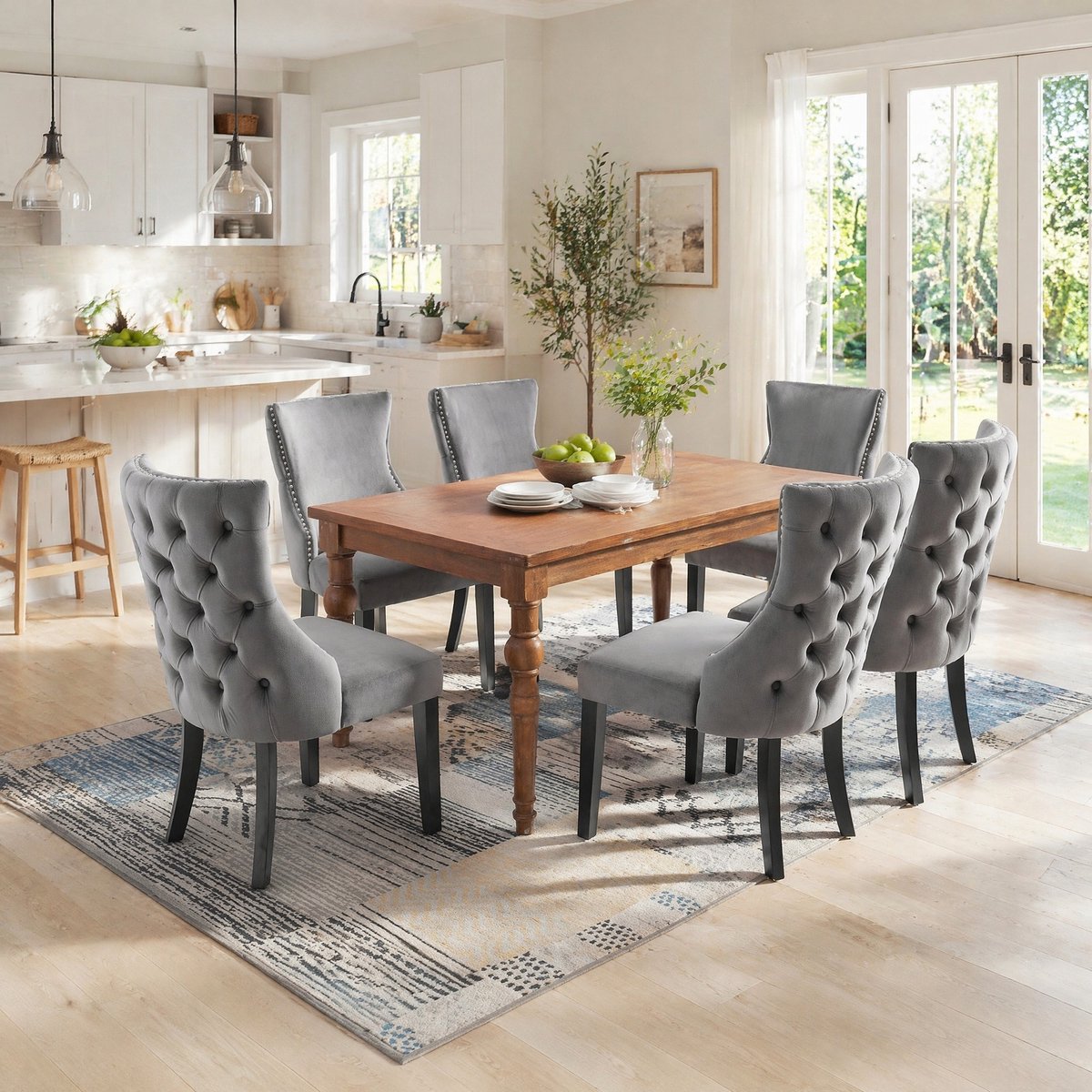 HAUSS SPOLE Eetkamerstoel - Set Van 6 - Zachte Velvet Bekleding Met Knopen En Massief Houten Poten - Voor Eethoek En Woonkamer - Grijs
