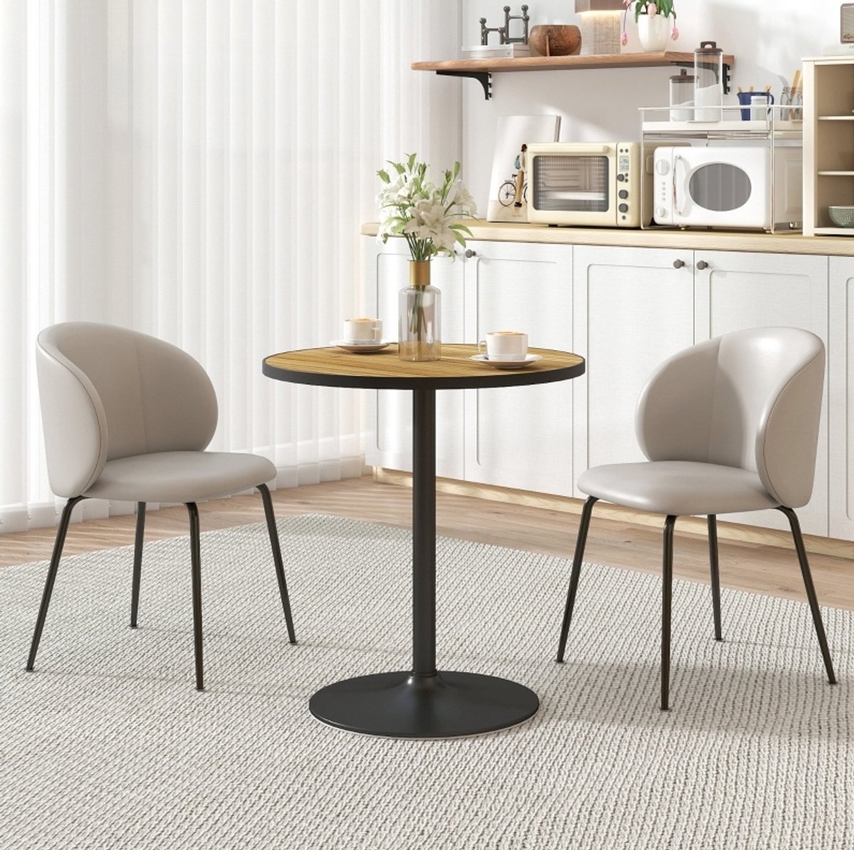 MEUNIQ ronde eettafel Ø70 x 76 cm met eikenhoutlook tafelblad, zwarte tafelvoet en antislip voetpads, moderne keukentafel voor eetkamer of woonkamer