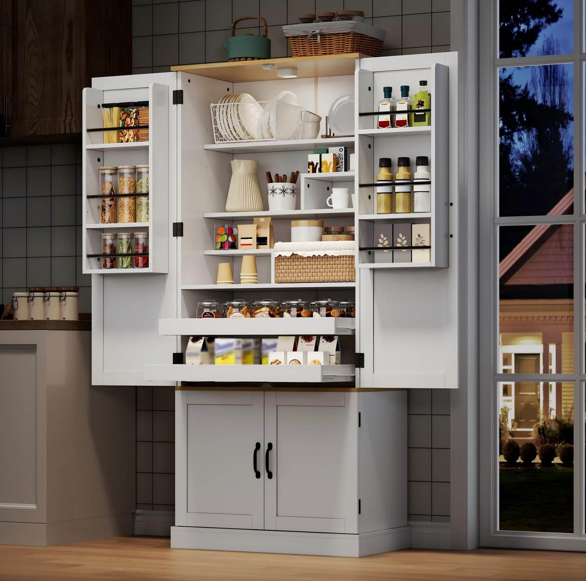 HAUSS SPOLE Buffetkast - Hoge Opbergkast Met Sensorverlichting En Lades - Voor Keuken Eetkamer En Woonkamer - MDF - 80x40x180 Cm - Wit