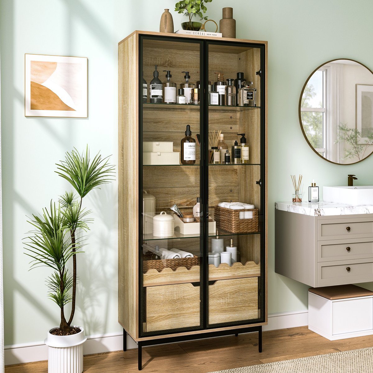 HAUSS SPOLE Vitrinekast - Hoge Kast Met Glazen Deuren En Lade - Verstelbare Planken Voor Woonkamer Slaapkamer En Hal - MDF - 75x35x170,8 Cm - Zwart Naturel
