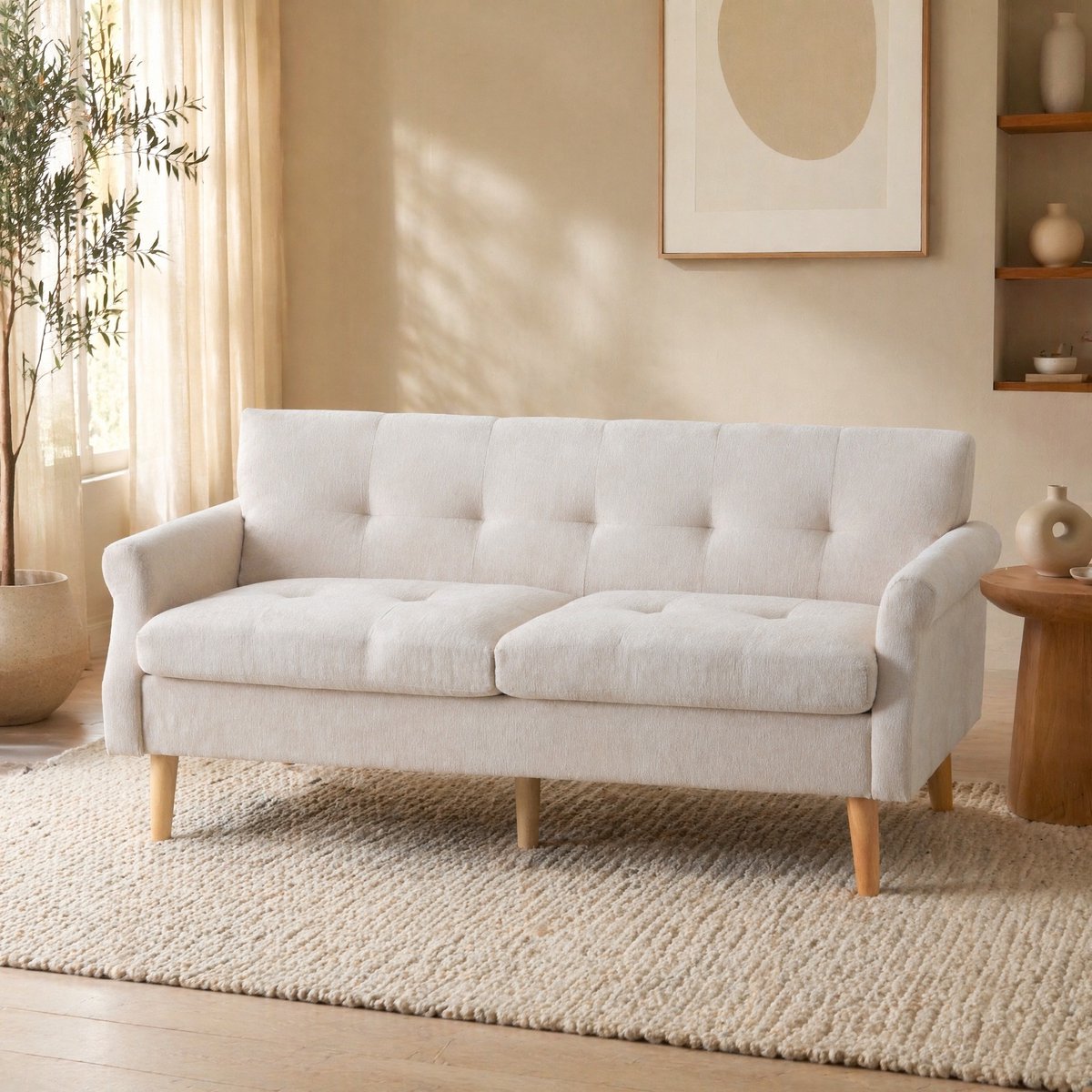 HAUSS SPOLE Zitbank - 2-Zits Sofa - Modern Design Met Dikke Kussens - Voor Woonkamer En Appartement - Chenille Beige