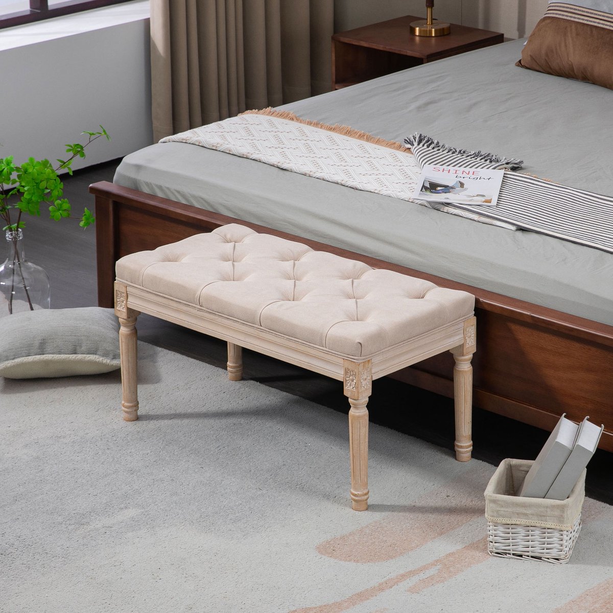 MEUNIQ vintage zitbank 80 x 40 x 43 cm met knoopstiksel, polyester bekleding met linnenlook en houten poten, bankje voor hal, slaapkamer of woonkamer, beige
