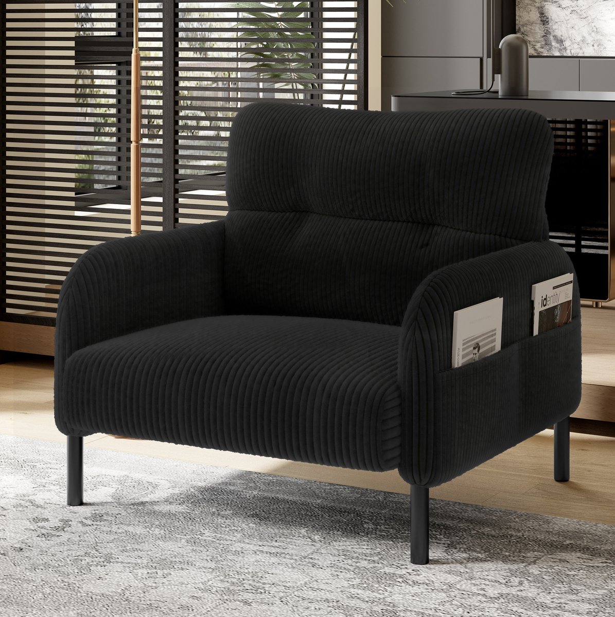 DESMIU Fauteuil 67 x 75 x 79 cm - Diepe Zitting Met Zijvak En Ergonomische Rugleuning - Voor Woonkamer En Kantoor - Cord Zwart