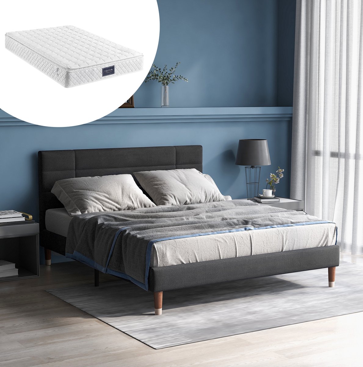 FloraGrace Gestoffeerd Bed 140x200 cm - Tweepersoonsbed Met Lattenbodem en Comfortabel Hoofdbord - Zonder Matras - Stof - Grijs