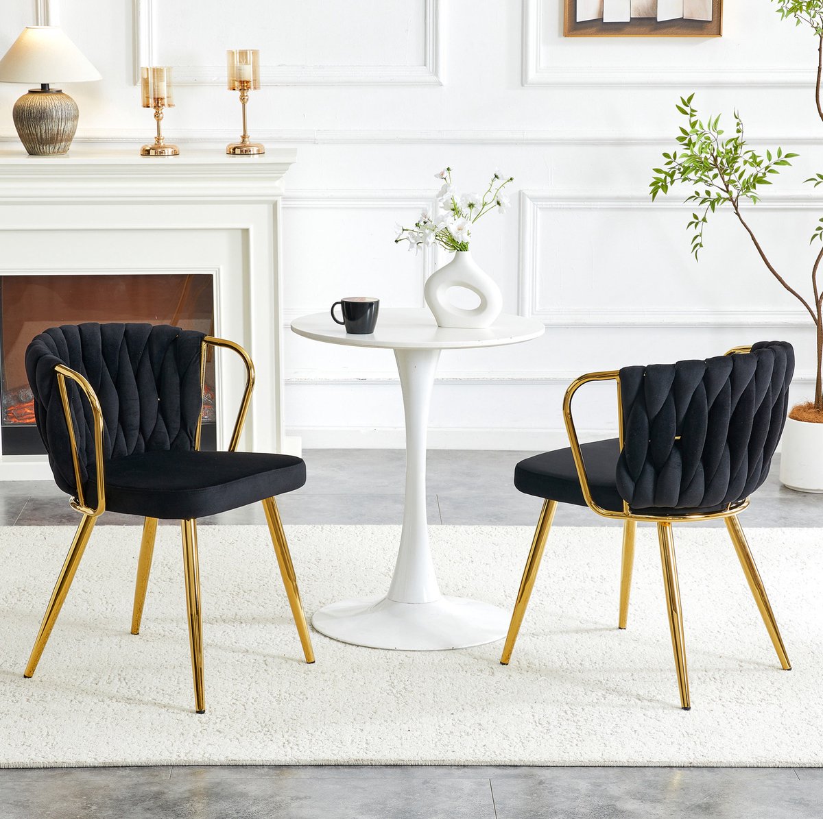 MIVRAY Eetkamerstoel - Luxe Velvet Design - Set van 2 - Met Gevlochten Rugleuning, Armleuningen En Gouden Metalen Poten - Zwart